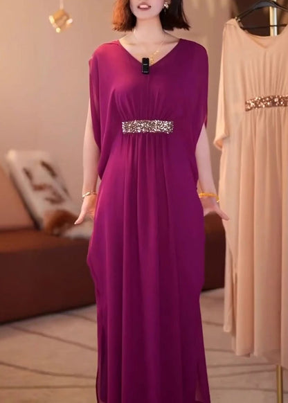 New Purple V Neck Patchwork Chiffon Dress Batwing Sleeve