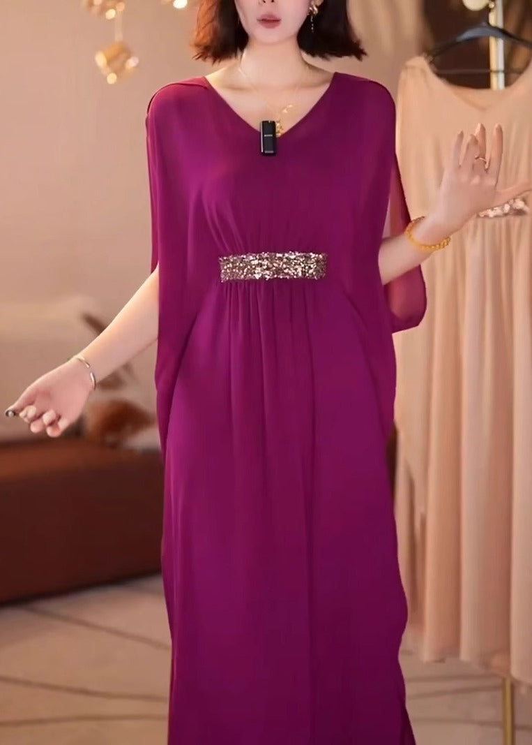 New Purple V Neck Patchwork Chiffon Dress Batwing Sleeve