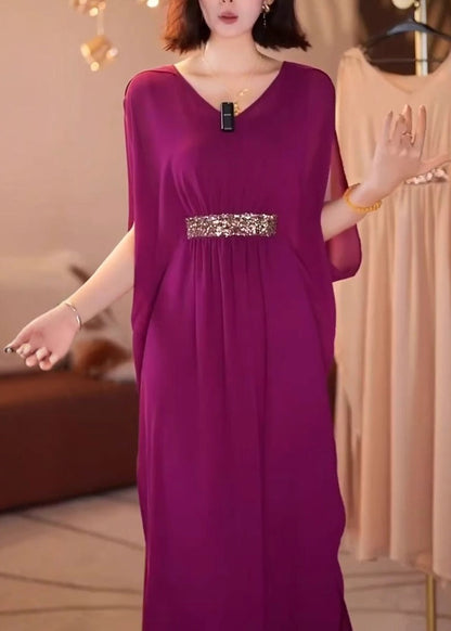 New Purple V Neck Patchwork Chiffon Dress Batwing Sleeve