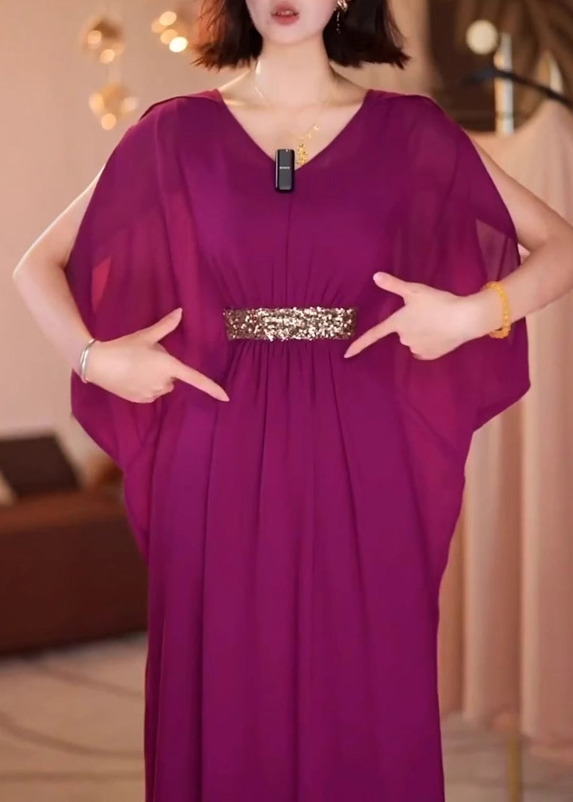 New Purple V Neck Patchwork Chiffon Dress Batwing Sleeve