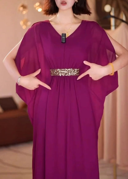 New Purple V Neck Patchwork Chiffon Dress Batwing Sleeve