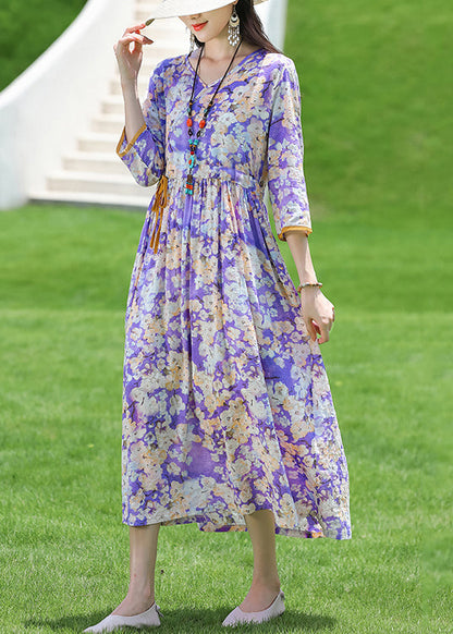 New Purple V Neck Print Lace Up Cotton Long Dress Half Sleeve