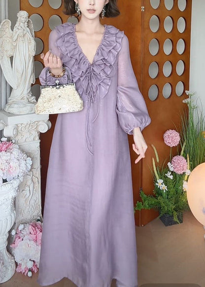 New Purple V Neck Ruffled Lace Up Silk Long Dress Fall