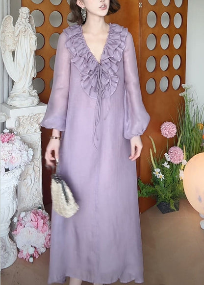 New Purple V Neck Ruffled Lace Up Silk Long Dress Fall