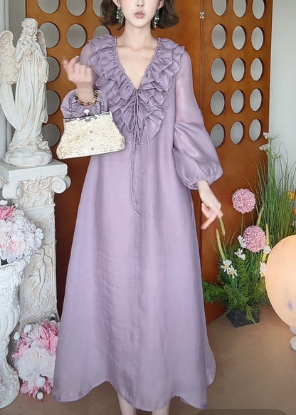 New Purple V Neck Ruffled Lace Up Silk Long Dress Fall