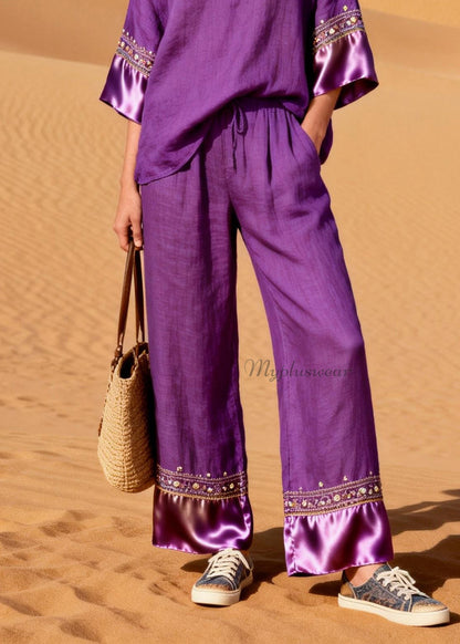 New Purple V Neck Silk Patchwork Linen Two Piece Suit Set Summer