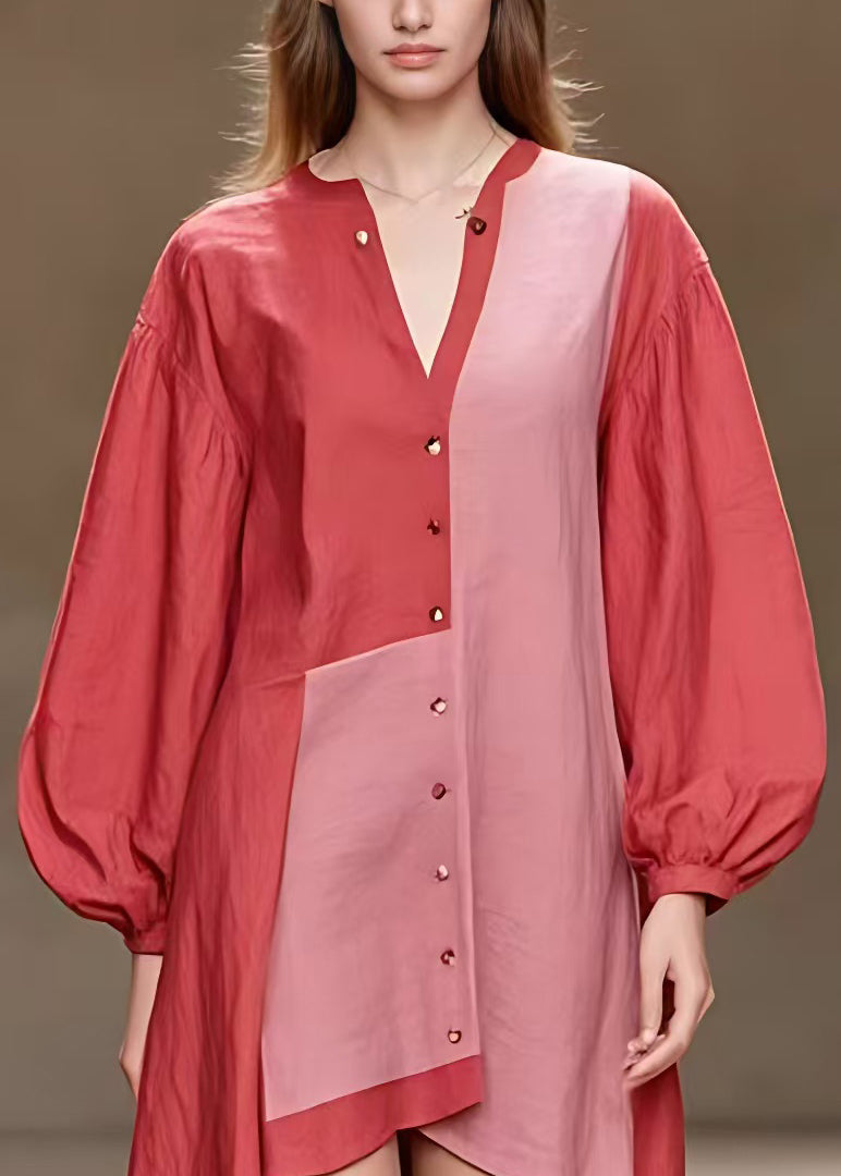 New Red Button Print Patchwork Cotton Dress Fall