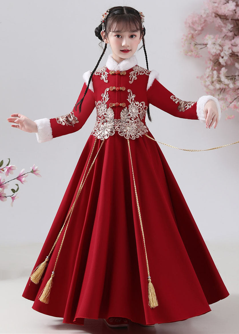 New Red Fur Collar Embroideried Button Warm Fleece Girls Maxi Dresses Winter
