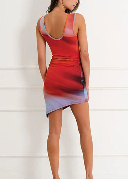 New Red Gradient Color Backless Mid Dress Summer