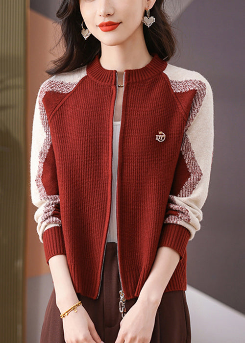 New Red O-Neck Zip Up Patchwork Knit Coats Long Sleeve