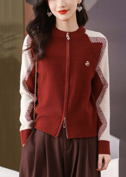 New Red O-Neck Zip Up Patchwork Knit Coats Long Sleeve