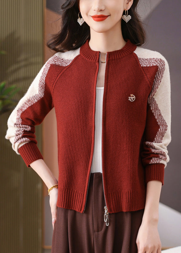 New Red O-Neck Zip Up Patchwork Knit Coats Long Sleeve