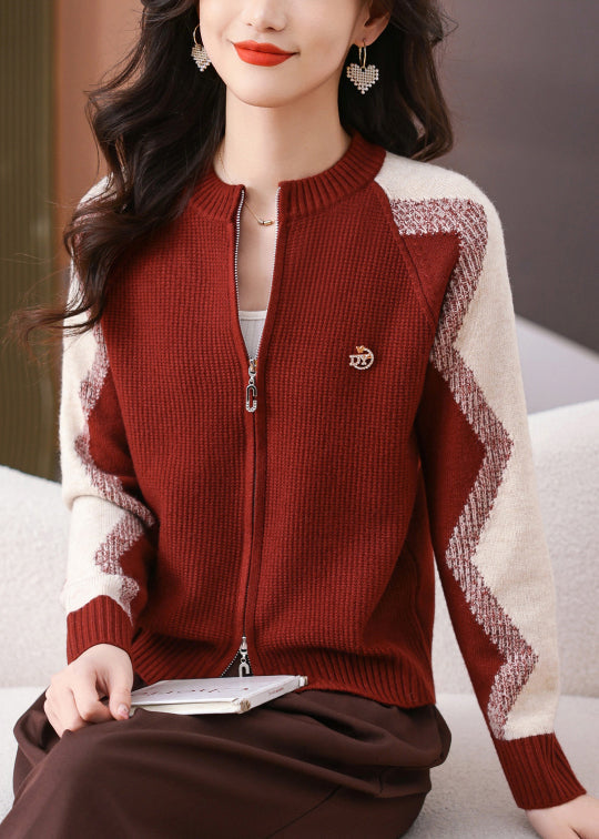 New Red O-Neck Zip Up Patchwork Knit Coats Long Sleeve