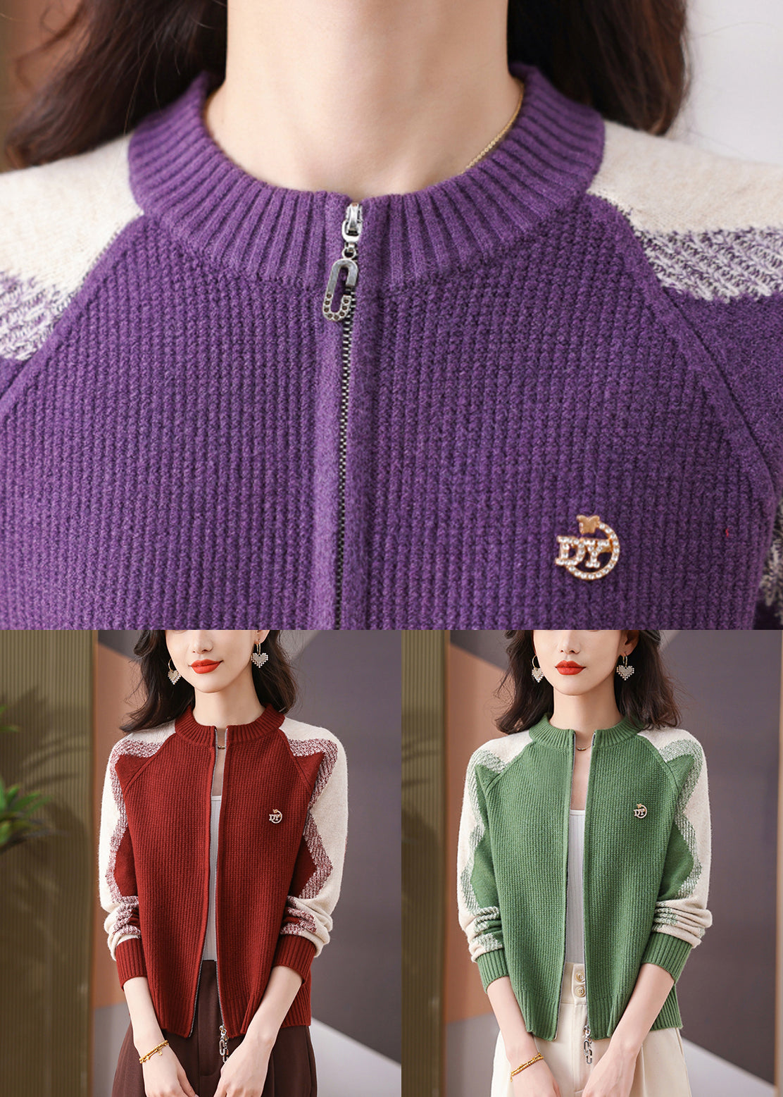 New Red O-Neck Zip Up Patchwork Knit Coats Long Sleeve