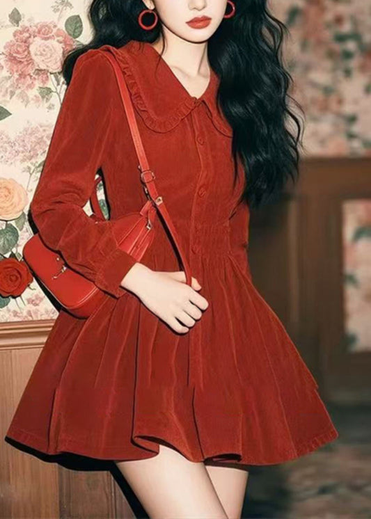 New Red Peter Pan Collar Button Corduroy Mid Dress Spring