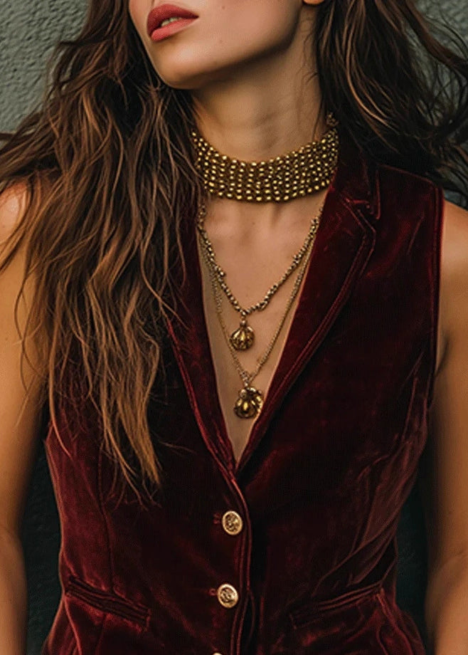 New Red Peter Pan Collar Button Velour Vest Sleeveless