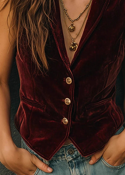 New Red Peter Pan Collar Button Velour Vest Sleeveless