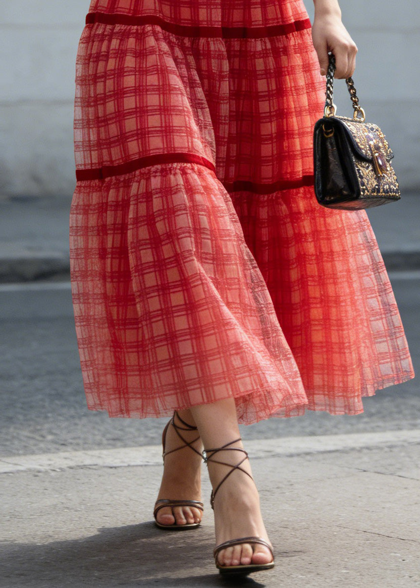 New Red Plaid Wrinkled Patchwork Tulle Skirts Summer