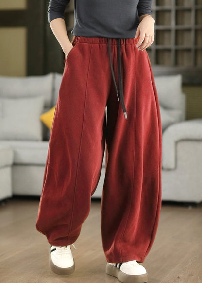 New Red Pockets Elastic Waist Thick Cotton Pants Fall
