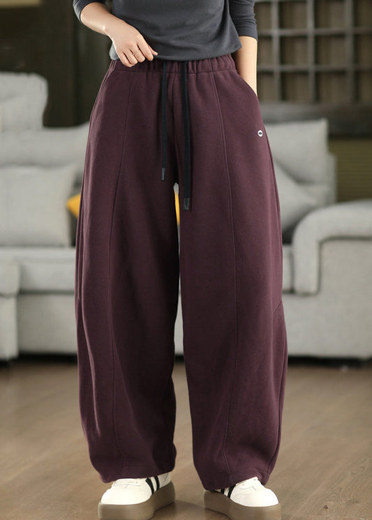 New Red Pockets Elastic Waist Thick Cotton Pants Fall