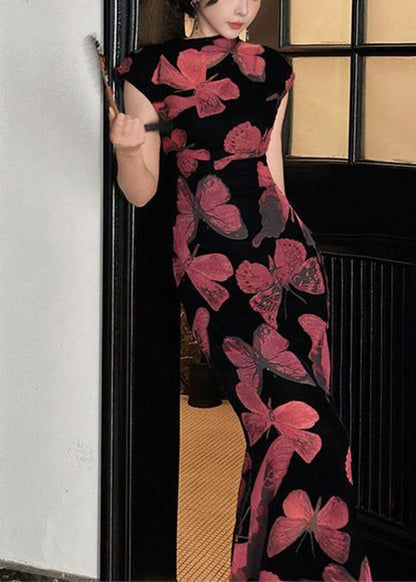 New Red Print High Waist Chiffon Long Dresses Summer