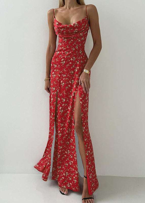 New Red Print Side Open Cotton Spaghetti Strap Dress Sleeveless