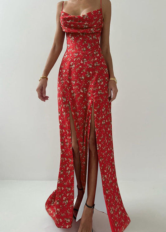 New Red Print Side Open Cotton Spaghetti Strap Dress Sleeveless