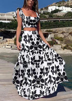 New Red Print Square Collar Cotton Sets 2 Pieces Sleeveless