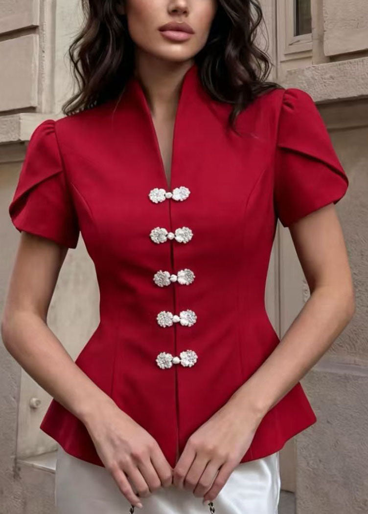New Red Puff Sleeve Oriental Button Patchwork Cotton Top