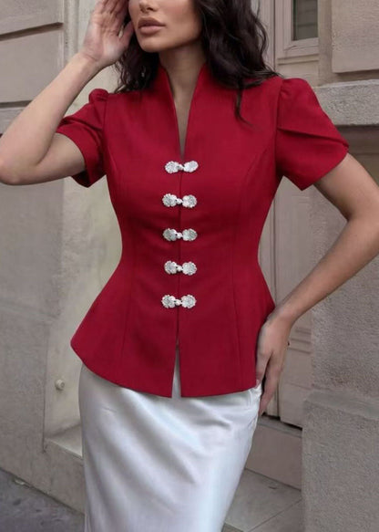 New Red Puff Sleeve Oriental Button Patchwork Cotton Top