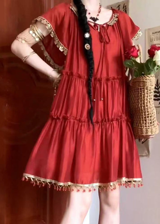 New Red Ruffled Tasseled Lace Up Cotton Mid Dress Summer