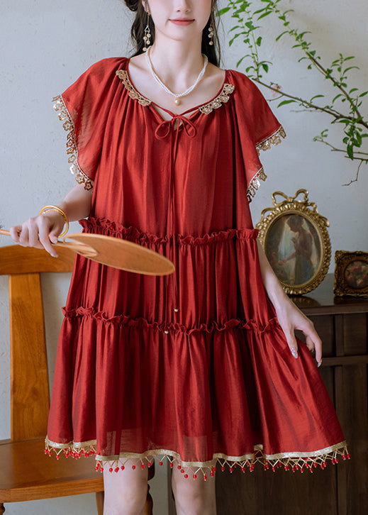 New Red Ruffled Tasseled Lace Up Cotton Mid Dress Summer