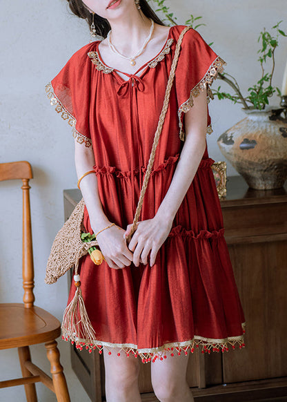 New Red Ruffled Tasseled Lace Up Cotton Mid Dress Summer