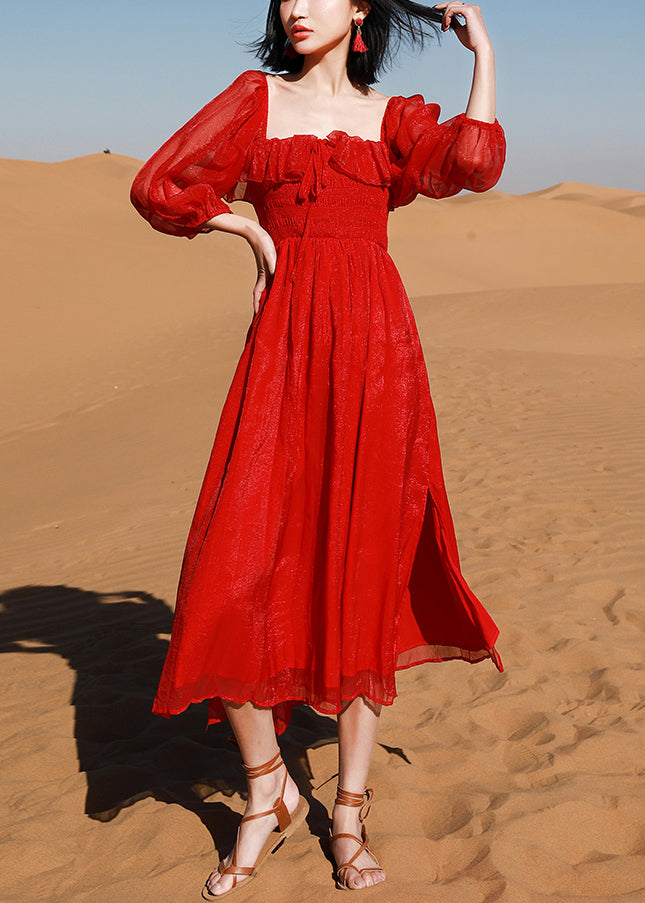 New Red Square Collar Side Open Cotton Beach Dress Puff Sleeve