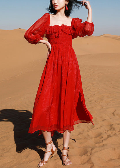 New Red Square Collar Side Open Cotton Beach Dress Puff Sleeve