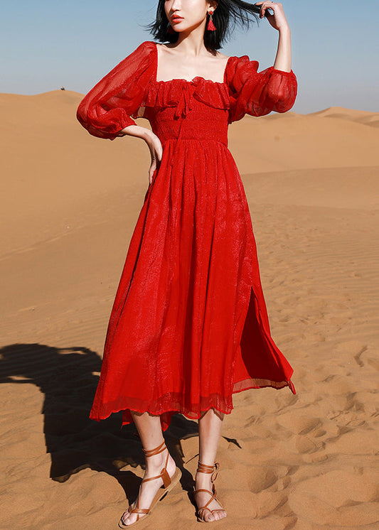 New Red Square Collar Side Open Cotton Beach Dress Puff Sleeve