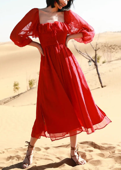 New Red Square Collar Side Open Cotton Beach Dress Puff Sleeve