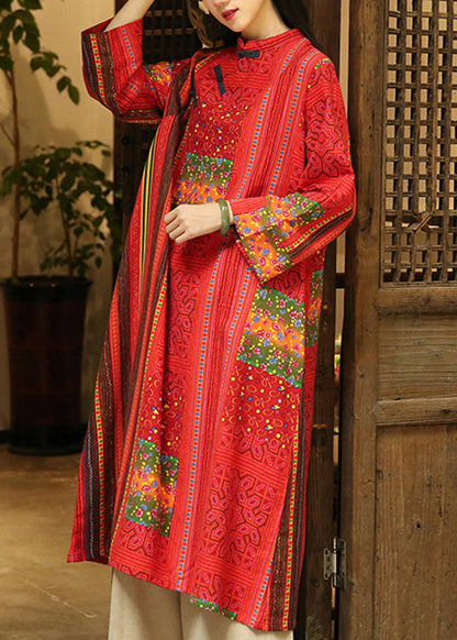New Red Stand Collar Button Patchwork Cotton Dresses Fall
