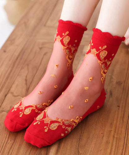 New Red Thin Embroideried Sheer Mesh Crew Socks