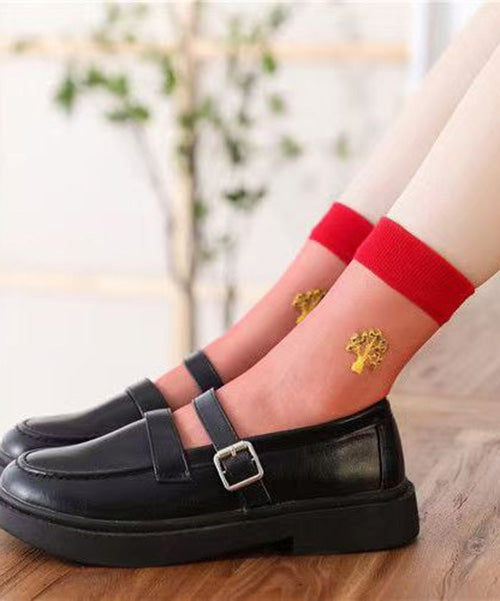 New Red Thin Embroideried Sheer Mesh Crew Socks