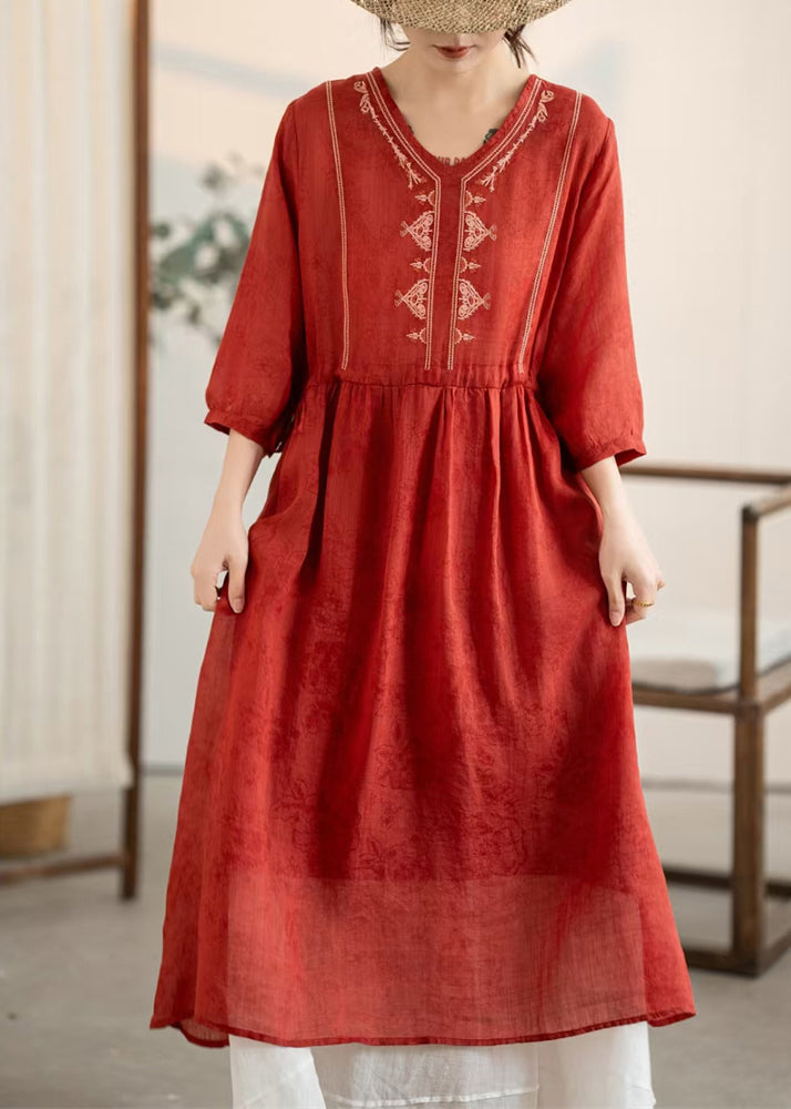 New Red V Neck Embroidered Wrinkled Linen Dress Summer