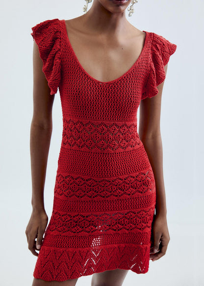 New Red V Neck Hollow Out Knit Mini Dresses Sleeveless