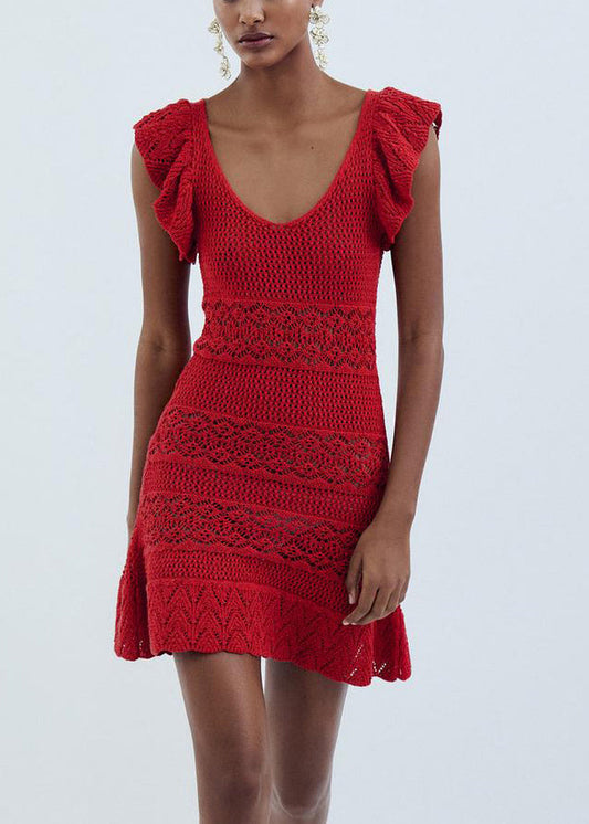 New Red V Neck Hollow Out Knit Mini Dresses Sleeveless