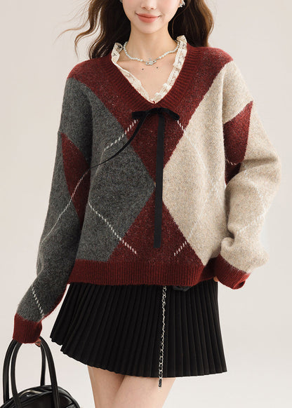 New Red V Neck Plaid Lace Patchwork Knit Sweater Spring