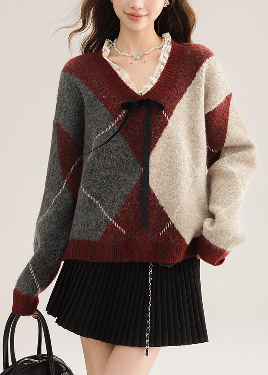 New Red V Neck Plaid Lace Patchwork Knit Sweater Spring