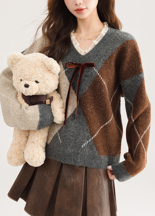 New Red V Neck Plaid Lace Patchwork Knit Sweater Spring