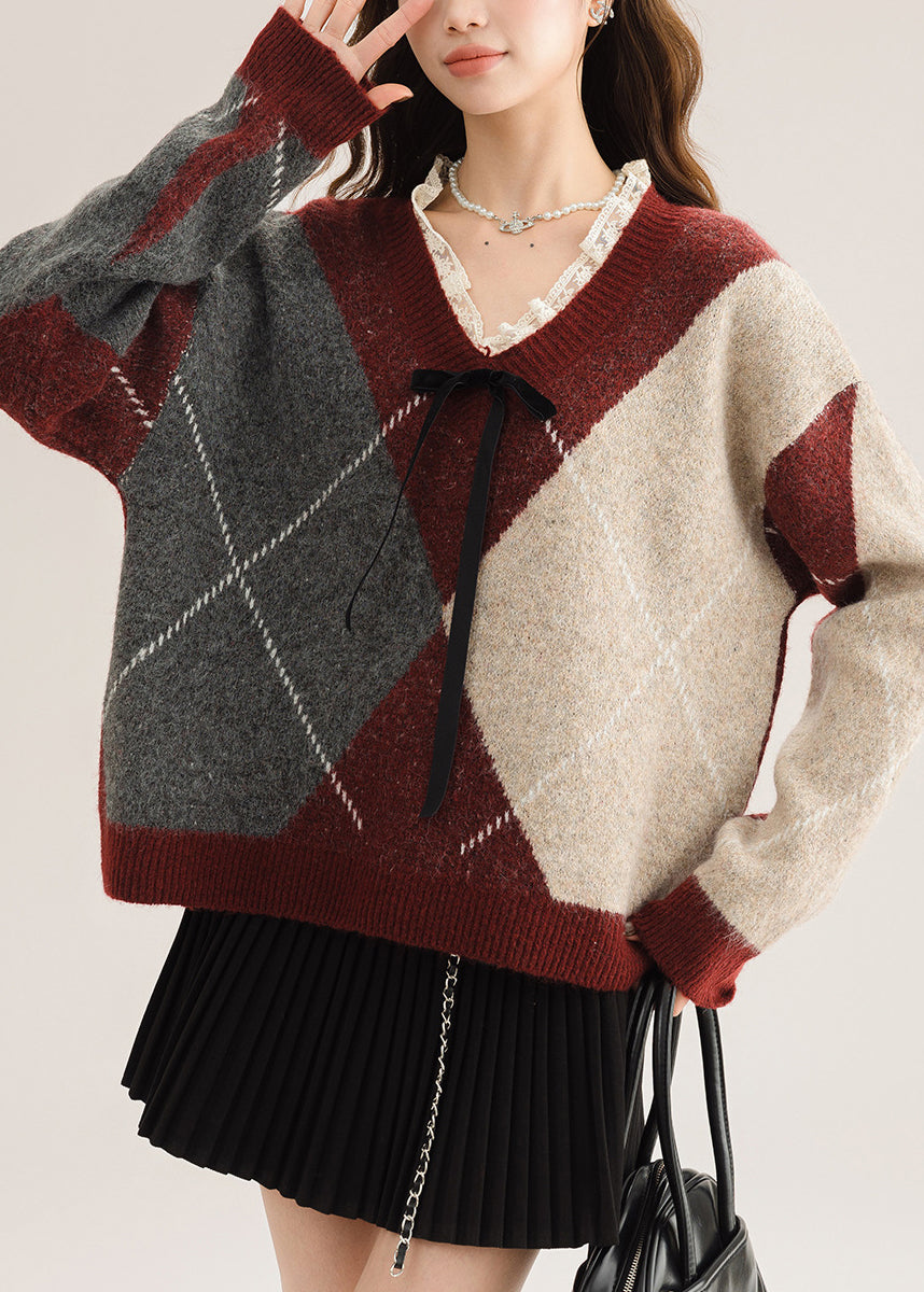 New Red V Neck Plaid Lace Patchwork Knit Sweater Spring