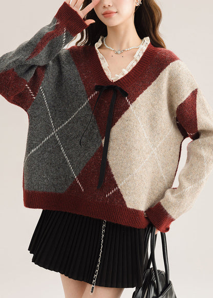 New Red V Neck Plaid Lace Patchwork Knit Sweater Spring