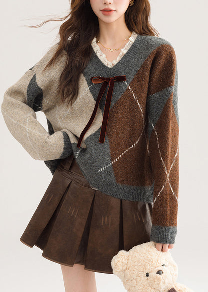 New Red V Neck Plaid Lace Patchwork Knit Sweater Spring