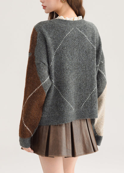 New Red V Neck Plaid Lace Patchwork Knit Sweater Spring